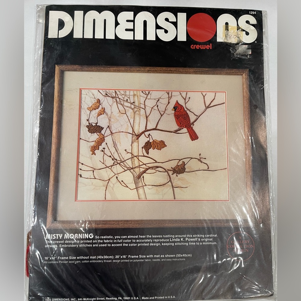 1985 Vintage Dimensions Embroidery Stitching Misty Morning Cardinal Bird Tree